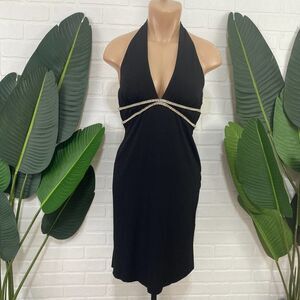 Mary L Couture black rhinestone halter midi dress